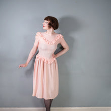 Load image into Gallery viewer, 40s PINK BROCADE RAYON TEA DRESS WITH RUFFLES AND PUFF SLEEVES - XS