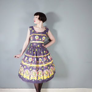 50s ALICE EDWARDS "ITALIANS" DARK GREY BORDER FLORAL BOUQUET PRINT DRESS - M