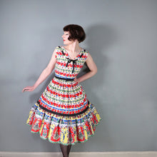 Load image into Gallery viewer, 50s "DOWNS" COLOURFUL RED WINE BOTTLES AND DRINKERS NOVELTY PRINT DRESS - S