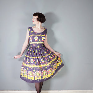 50s ALICE EDWARDS "ITALIANS" DARK GREY BORDER FLORAL BOUQUET PRINT DRESS - M