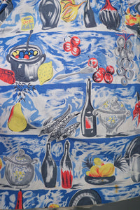50s NOVELTY SKIRT IN BANQUET FOOD PRINT WITH WINE, FRUIT AND VEGETABLES - 24"