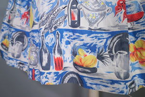 50s NOVELTY SKIRT IN BANQUET FOOD PRINT WITH WINE, FRUIT AND VEGETABLES - 24"