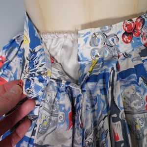 50s NOVELTY SKIRT IN BANQUET FOOD PRINT WITH WINE, FRUIT AND VEGETABLES - 24"