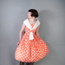 Load image into Gallery viewer, 50s 60s BRIGHT COLOURFUL ORANGE POLKA DOT DRESS WITH SHAWL COLLAR - S