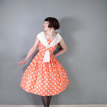 Load image into Gallery viewer, 50s 60s BRIGHT COLOURFUL ORANGE POLKA DOT DRESS WITH SHAWL COLLAR - S