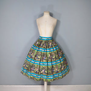 ROCOCO NOVELTY PRINT BLUE GREEN 50s FULL SKIRT - 26"