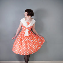 Load image into Gallery viewer, 50s 60s BRIGHT COLOURFUL ORANGE POLKA DOT DRESS WITH SHAWL COLLAR - S