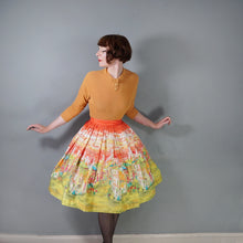 Load image into Gallery viewer, 50s RED AND LIME GREEN PAINTERLY VILLAGE PRINT NOVELTY COTTON FULL SKIRT - 25"