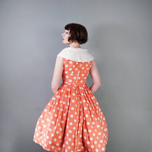 Load image into Gallery viewer, 50s 60s BRIGHT COLOURFUL ORANGE POLKA DOT DRESS WITH SHAWL COLLAR - S