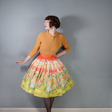 Load image into Gallery viewer, 50s RED AND LIME GREEN PAINTERLY VILLAGE PRINT NOVELTY COTTON FULL SKIRT - 25"