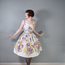 Load image into Gallery viewer, 50s PURPLE AND YELLOW IRIS PRINT FULL SKIRTED COTTON SUN DRESS -XS