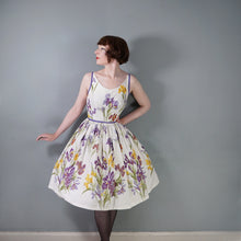 Load image into Gallery viewer, 50s PURPLE AND YELLOW IRIS PRINT FULL SKIRTED COTTON SUN DRESS -XS
