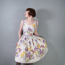 Load image into Gallery viewer, 50s PURPLE AND YELLOW IRIS PRINT FULL SKIRTED COTTON SUN DRESS -XS