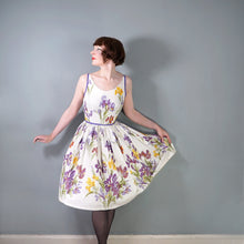 Load image into Gallery viewer, 50s PURPLE AND YELLOW IRIS PRINT FULL SKIRTED COTTON SUN DRESS -XS