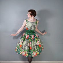 Load image into Gallery viewer, 50s 60s BOLD GREEN FLORAL NOVELTY COTTON DRESS WITH FULL SKIRT - S