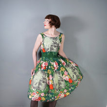 Load image into Gallery viewer, 50s 60s BOLD GREEN FLORAL NOVELTY COTTON DRESS WITH FULL SKIRT - S