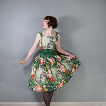 Load image into Gallery viewer, 50s 60s BOLD GREEN FLORAL NOVELTY COTTON DRESS WITH FULL SKIRT - S
