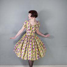 Load image into Gallery viewer, 50s HYVOGUE LIGHT GREEN COTTON DRESS WITH PINK AND PURPLE ROSE PRINT - M