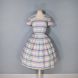 GREY AND WHITE RAINBOW STRIPE 50s COTTON DAY DRESS - S