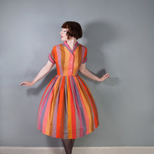 Load image into Gallery viewer, 50s 60s BETTY BARCLAY COLOURFUL RED ORANGE MULTI STRIPE COTTON SHIRTW - S