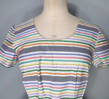 Load image into Gallery viewer, GREY AND WHITE RAINBOW STRIPE 50s COTTON DAY DRESS - S