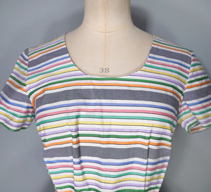GREY AND WHITE RAINBOW STRIPE 50s COTTON DAY DRESS - S