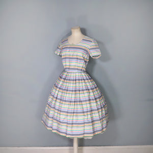 GREY AND WHITE RAINBOW STRIPE 50s COTTON DAY DRESS - S