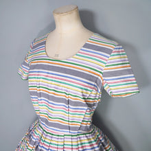Load image into Gallery viewer, GREY AND WHITE RAINBOW STRIPE 50s COTTON DAY DRESS - S