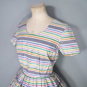 GREY AND WHITE RAINBOW STRIPE 50s COTTON DAY DRESS - S