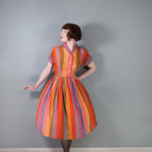 Load image into Gallery viewer, 50s 60s BETTY BARCLAY COLOURFUL RED ORANGE MULTI STRIPE COTTON SHIRTW - S