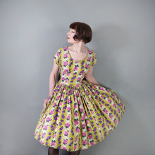 Load image into Gallery viewer, 50s HYVOGUE LIGHT GREEN COTTON DRESS WITH PINK AND PURPLE ROSE PRINT - M
