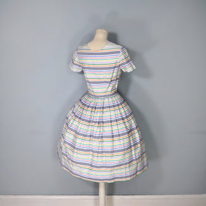 GREY AND WHITE RAINBOW STRIPE 50s COTTON DAY DRESS - S