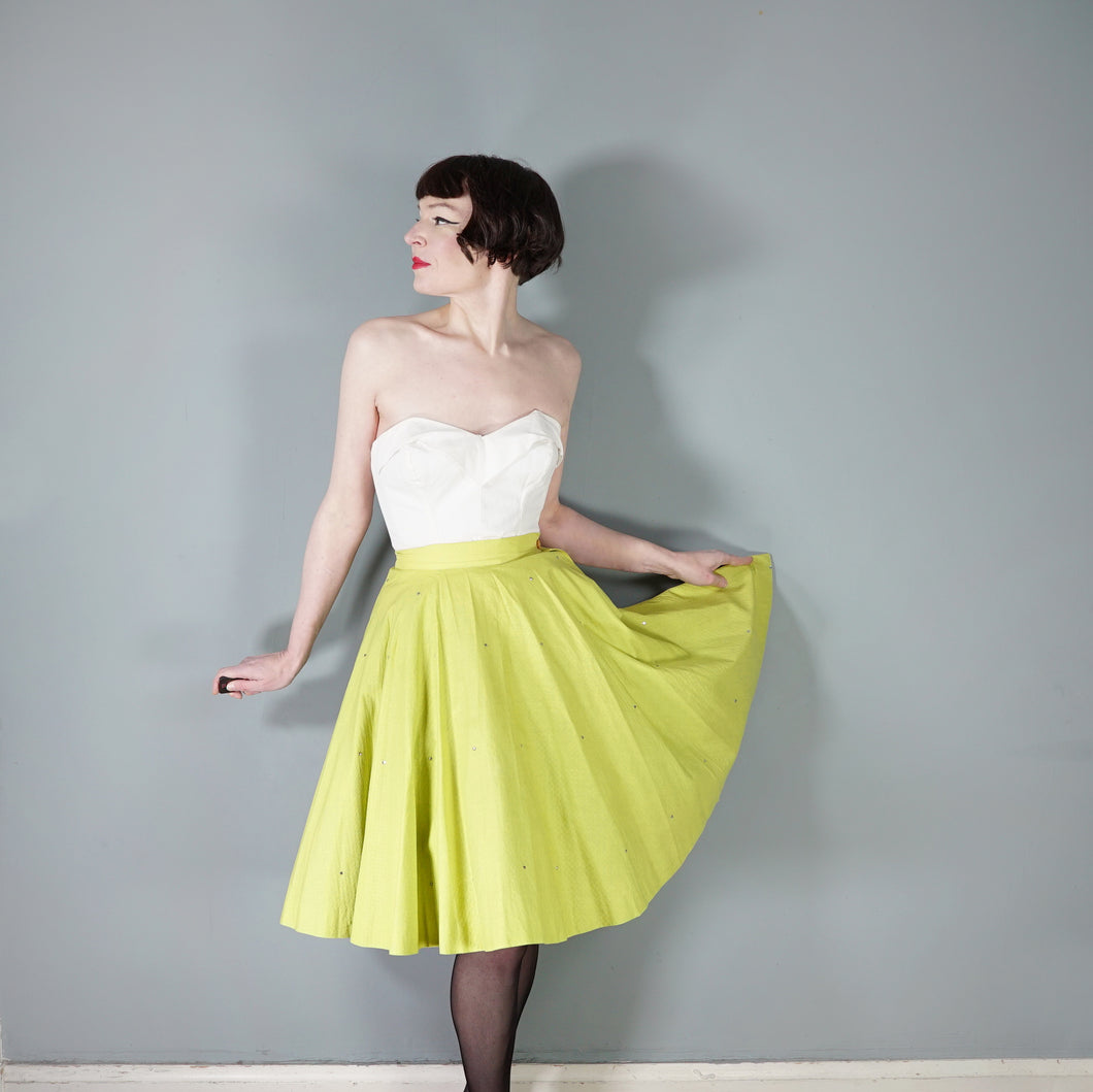 50s RHINESTONED CHARTREUSE TEXTURED COTTON FULL SKIRT - 25.5