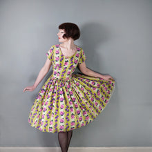 Load image into Gallery viewer, 50s HYVOGUE LIGHT GREEN COTTON DRESS WITH PINK AND PURPLE ROSE PRINT - M
