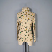 Load image into Gallery viewer, 70s BEIGE ROLL NECK JERSEY TOP WITH MUSHROOM NOVELTY PRINT - S-M
