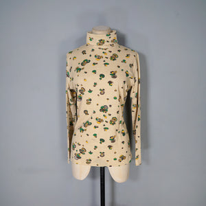 70s BEIGE ROLL NECK JERSEY TOP WITH MUSHROOM NOVELTY PRINT - S-M