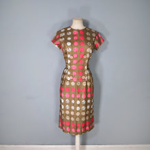 Load image into Gallery viewer, 60s CARNEGIE BROWN AND PINK CIRCLE PRINT WIGGLE DRESS - S