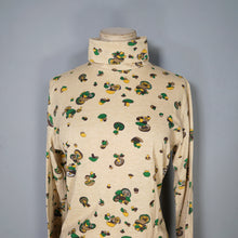 Load image into Gallery viewer, 70s BEIGE ROLL NECK JERSEY TOP WITH MUSHROOM NOVELTY PRINT - S-M