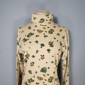70s BEIGE ROLL NECK JERSEY TOP WITH MUSHROOM NOVELTY PRINT - S-M