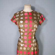Load image into Gallery viewer, 60s CARNEGIE BROWN AND PINK CIRCLE PRINT WIGGLE DRESS - S