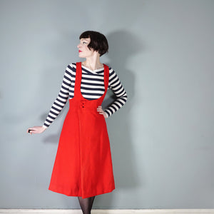 60s / 70s RED WOOL A-LINE PINAFORE MOD SKIRT DRESS - L