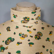 Load image into Gallery viewer, 70s BEIGE ROLL NECK JERSEY TOP WITH MUSHROOM NOVELTY PRINT - S-M
