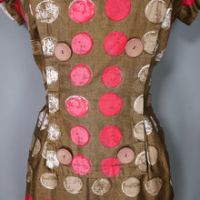 Load image into Gallery viewer, 60s CARNEGIE BROWN AND PINK CIRCLE PRINT WIGGLE DRESS - S