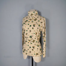 Load image into Gallery viewer, 70s BEIGE ROLL NECK JERSEY TOP WITH MUSHROOM NOVELTY PRINT - S-M