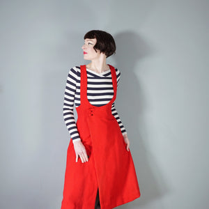 60s / 70s RED WOOL A-LINE PINAFORE MOD SKIRT DRESS - L