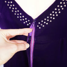 Load image into Gallery viewer, 60s BLANES PURPLE VELVET EMPIRE MINI MOD DRESS WITH RHINESTONES - XS