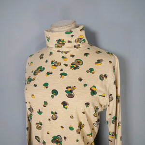 70s BEIGE ROLL NECK JERSEY TOP WITH MUSHROOM NOVELTY PRINT - S-M
