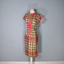 Load image into Gallery viewer, 60s CARNEGIE BROWN AND PINK CIRCLE PRINT WIGGLE DRESS - S
