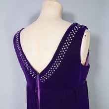 Load image into Gallery viewer, 60s BLANES PURPLE VELVET EMPIRE MINI MOD DRESS WITH RHINESTONES - XS