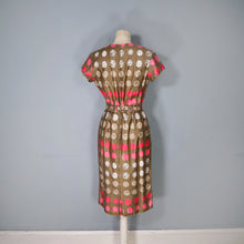 Load image into Gallery viewer, 60s CARNEGIE BROWN AND PINK CIRCLE PRINT WIGGLE DRESS - S